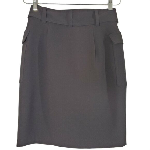 H & M Black Belted Knee Length Skirt Size 8 Stretch Pockets Front Full Zipper - Picture 5 of 8